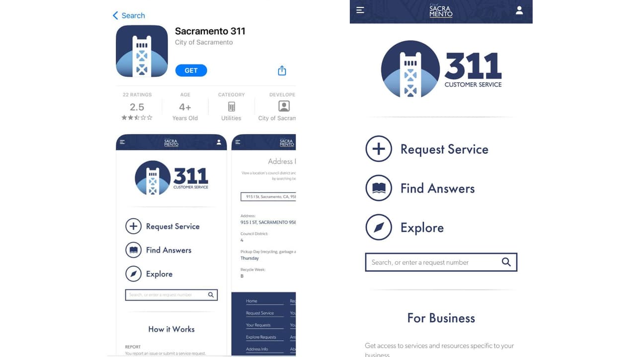 Lo primero que debes hacer es dirigirte a la App Store o Google Play de tu celular, buscar la aplicación “311 Sacramento” y descargarla. Una vez que la descargas deberás dirigirte a “Request Service”.