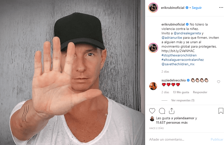 Erik Rubín, esposo de Andrea Legarreta, inició esta cadena de mensajes, en la que todos agregan el texto: "No tolero la violencia contra la niñez".