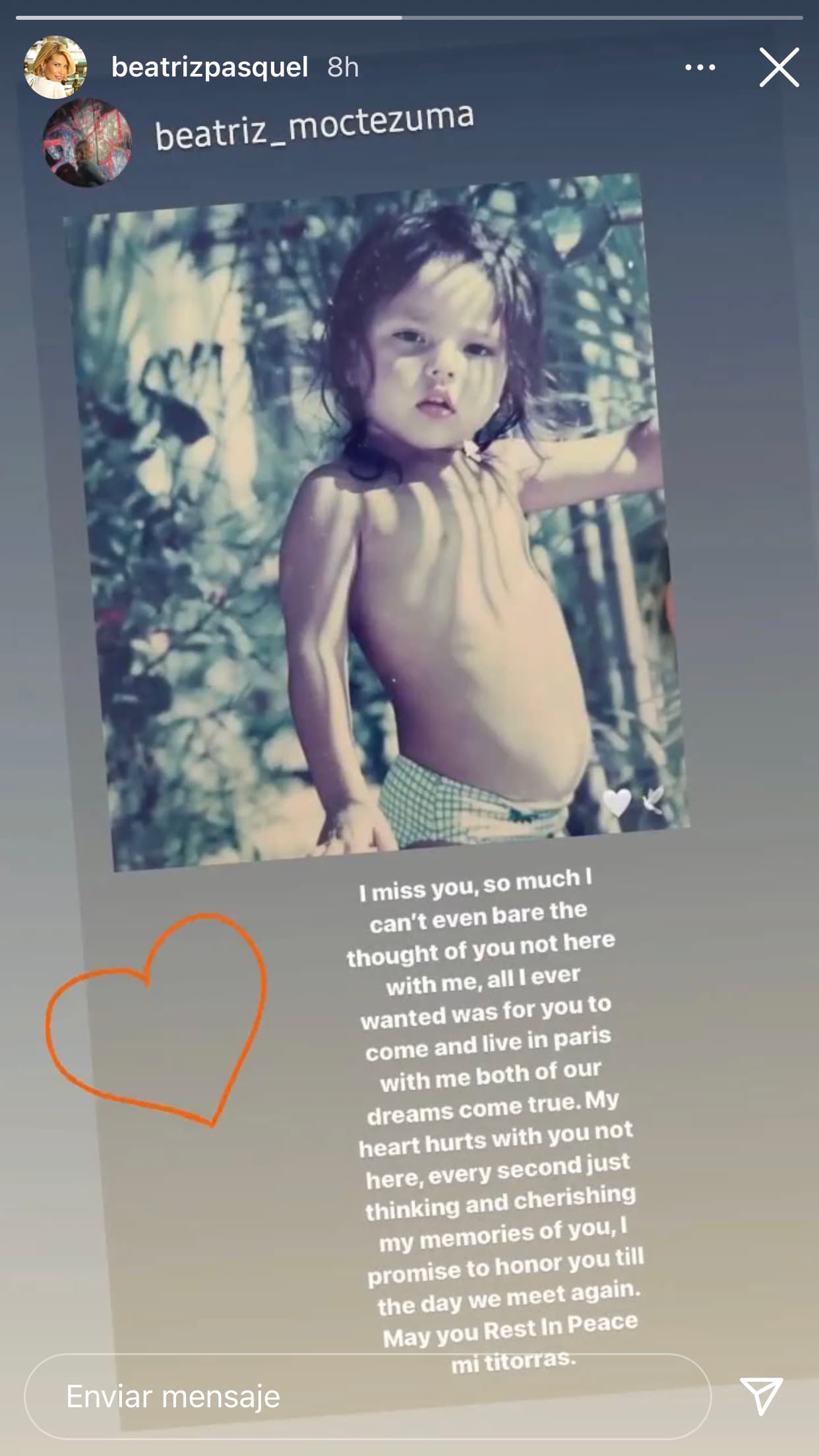Beatriz Moctezuma, la otra hija que Beatriz Pasquel tuvo con el padre de Frida Sofía, también dedicó un entrañable mensaje a Natasha en el que reconoció que la echa de menos y que "su corazón está herido" ante su partida.