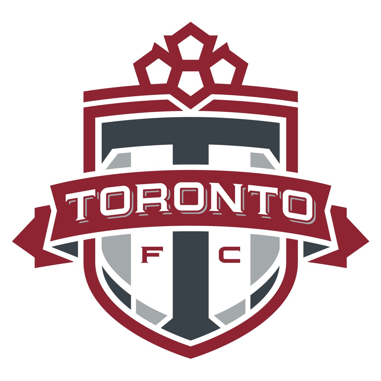 Con una mínima alteración en el tono del color rojo, este es el logo de Toronto FC desde 2007.