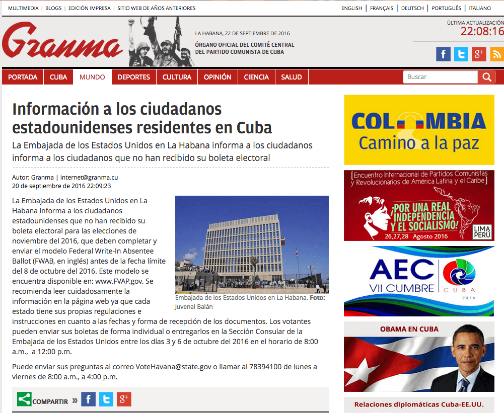 'Granma', órgano del partido comunista de Cuba, publica un anuncio de la embajada de EEUU