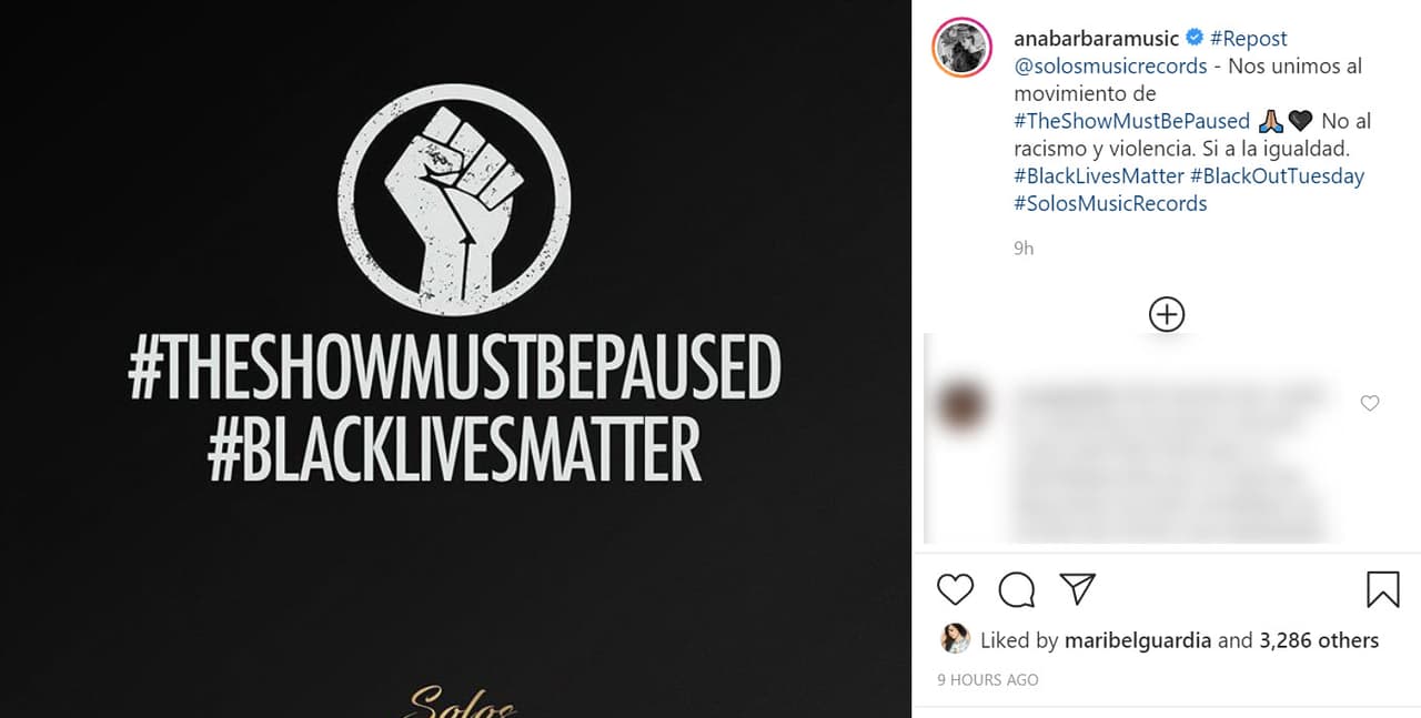 La cantante
<b><a href="https://www.instagram.com/p/CA67Arijhmv/" target="_blank">Ana Bárbara</a></b> se unió al apagón con la siguiente consigna: "No al racismo y violencia. Sí a la igualdad".