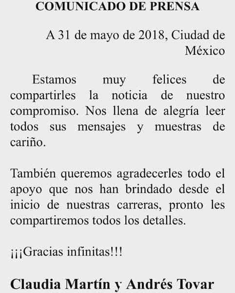 Con este mensaje, la pareja confirmó su compromiso.