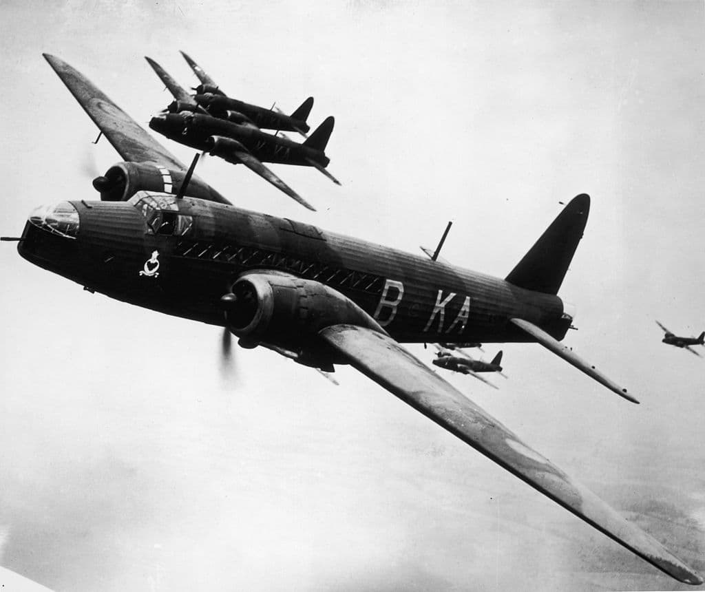 A flight of Vickers Wellington MKIa long range bombers, Royal Air Force, 8th February 1940.
