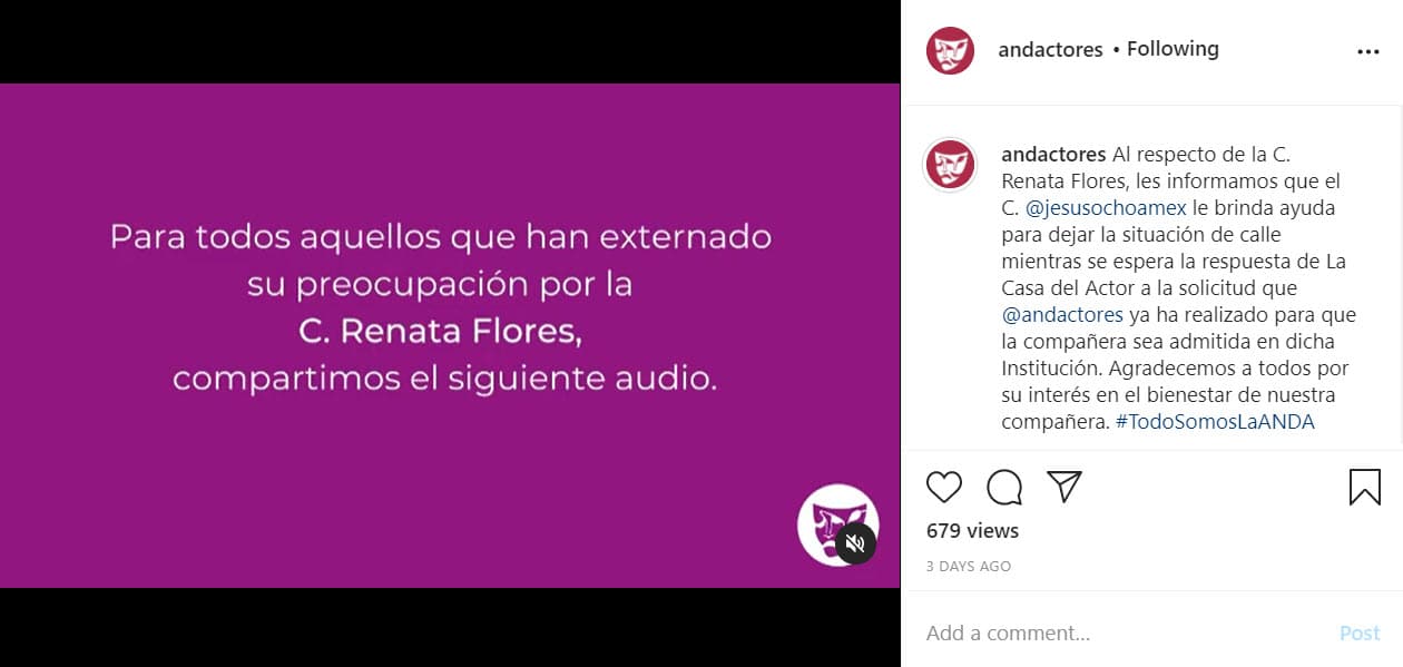 "Hola, qué tal, soy Renata Flores. 
<a href="https://www.instagram.com/p/CIgb9l1jxZu/" target="_blank">Estoy bien y como en casa</a>, protegida y rodeada de amigos, mejor imposible. Por favor acallen la mala información que circula de mi persona, besos y abrazos".
<br>