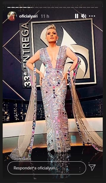Para su primera aparición frente a la prensa que le dio cobertura al evento, la intérprete de 57 años se enfundó este vestido adornado con espejos, con escote profundo y largas mangas en transparencia que llegaban hasta el suelo.