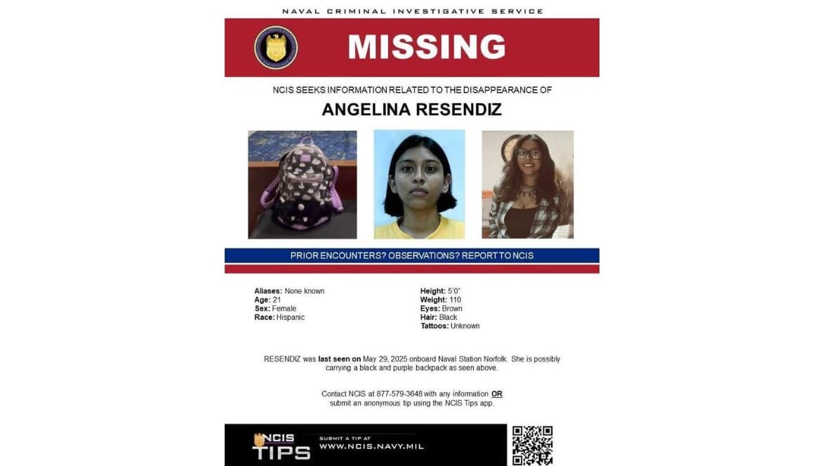 La marinera Angelina Resendiz, de 21 años, desapareció el 29 de mayo de 2025 en la Estación Naval Norfolk, en Virginia.