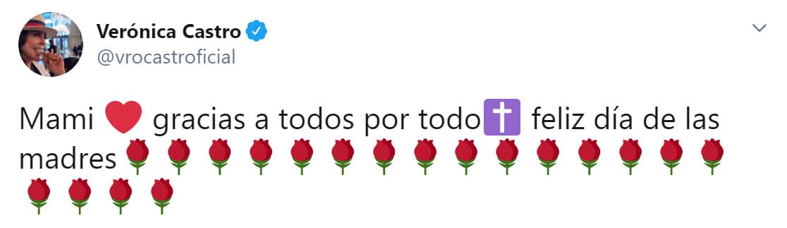 El pasado 25 de abril se informó que
<b><a href="https://www.univision.com/famosos/muere-la-madre-de-veronica-castro-a-los-85-anos-fotos" target="_blank"> la madre de la primera actriz murió</a></b> a los 85 años. "Mami, gracias a todos por todo. Feliz Día de las Madres", escribió junto con 
<b><a href="https://twitter.com/vrocastroficial/status/1259262305105256451" target="_blank">un video</a></b> en el que aparece su madre. 
<br>