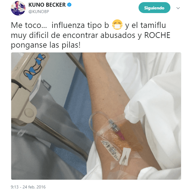 El 24 de febrero de 2016 el actor publicó esta imagen en su cuenta de Twitter, a la que agregó: "Me tocó... Influenza tipo 'B' y el tamiflu muy difícil de encontrar [...]".
