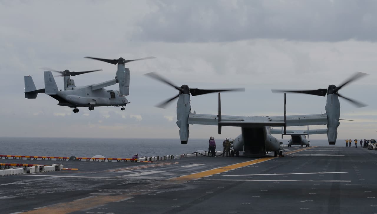 Un ejercicio militar conjunto entre los Estados Unidos y Australia. En la imagen un MV-22B Osprey (mismo artefacto que se estrelló en Australia) en la cubierta del USS Bonhomme Richard barco de asalto anfibio de la costa de Sydney en 29 de junio de 2017. 
<br>