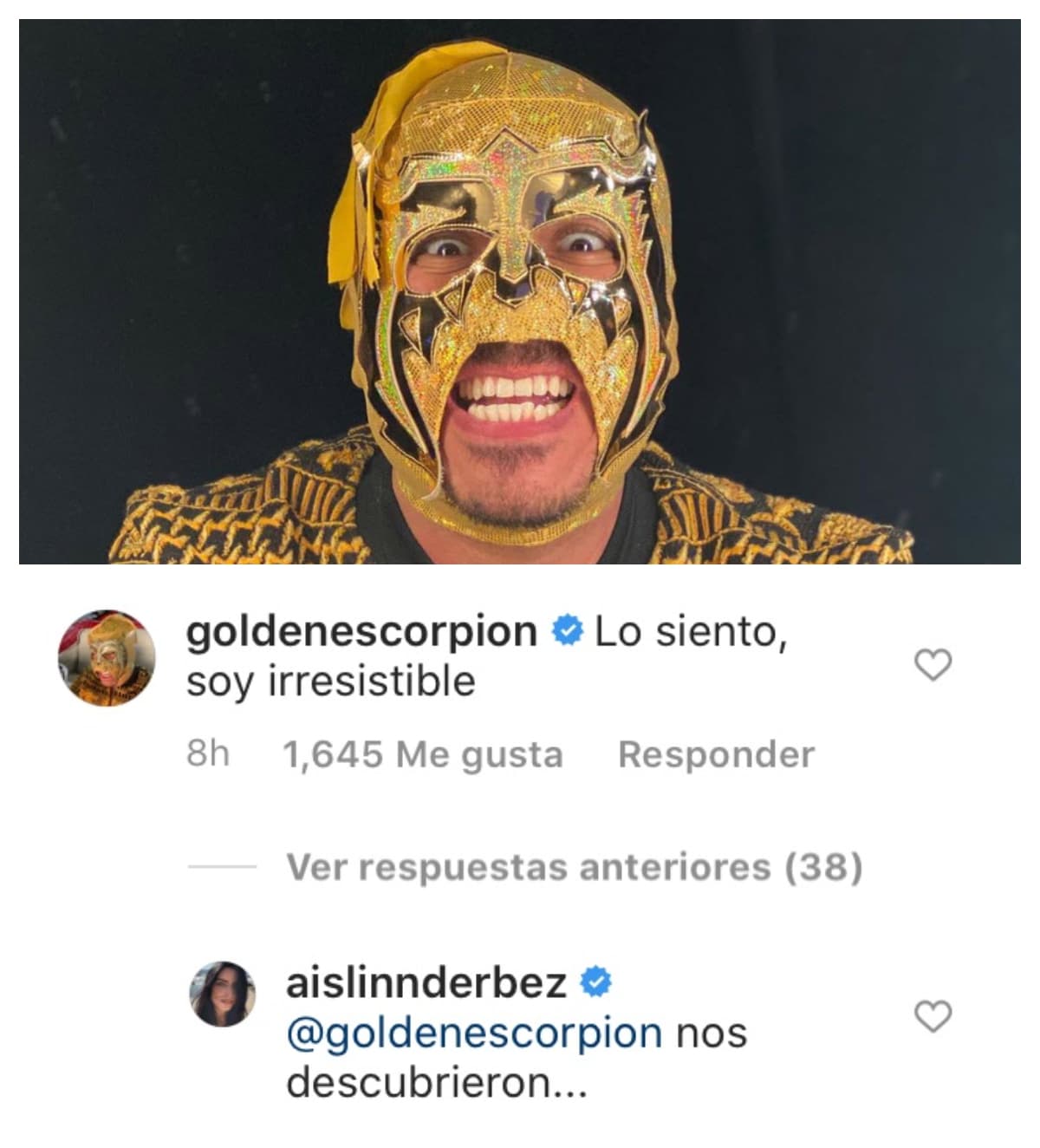 No faltó quien le puso humor a la situación, el encargado fue el 'youtuber' 
<b>Escorpión Dorado</b>, quien escribió: "Lo siento, soy irresistible". El comentario fue tomado a bien por Aislinn Derbez, quien respondió a la broma: 
<b>"Nos descubrieron". </b>
<br>