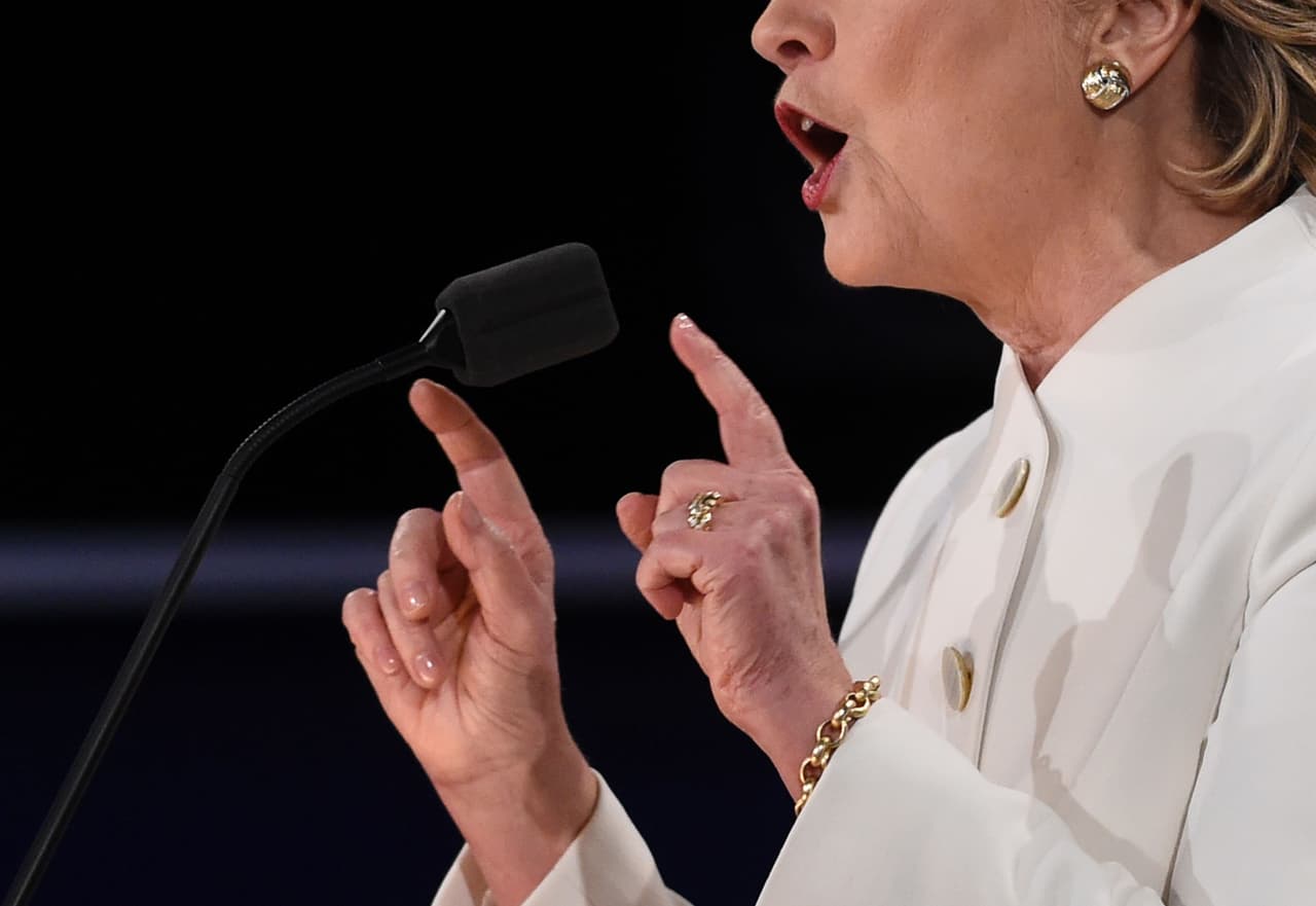 US Republican presidential candidate Donald Trump speaks during the final presidential debate at the Thomas & Mack Center on the campus of the University of Las Vegas in Las Vegas, Nevada on October 19, 2016. / AFP / SAUL LOEB (Photo credit should read SAUL LOEB/AFP/Getty Images)