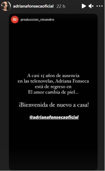 "Bienvenida de nuevo a casa", publicó la producción de Nicandro tras dar la noticia de su 
<b>incorporación al melodrama de Televisa</b>, televisora en la que debutó en las telenovelas con 'Pueblo chico, infierno grande' en el año 1997.