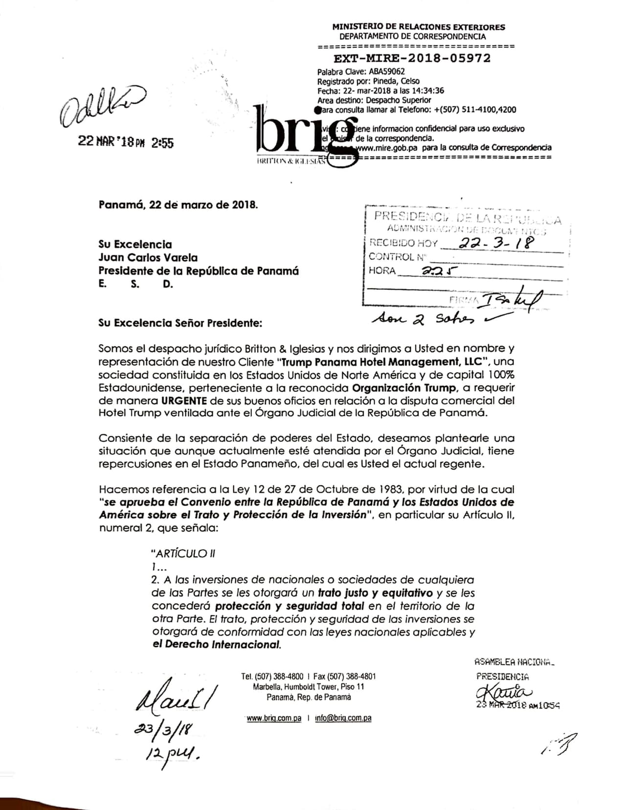 The letter to President Varela was sent March 22 by lawyers for the Trump hotel managment group in Panama