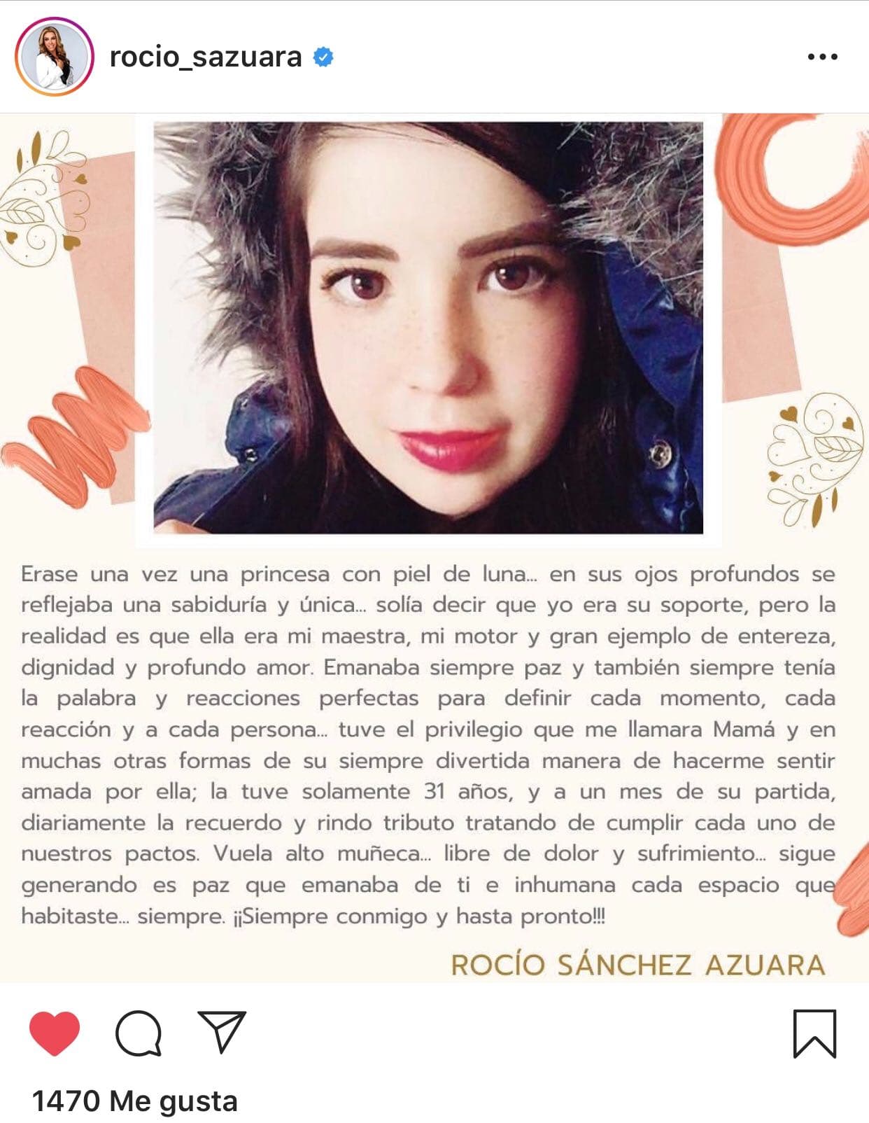Este miércoles 23 de octubre, a un mes del fallecimiento de Daniela Santiago, la famosa presentadora recurrió a su
<b> <a href="https://www.instagram.com/p/B39Z5c2A1ie/?igshid=1rt3clpkvcfpq">cuenta de Instagram</a></b> para recordarla.