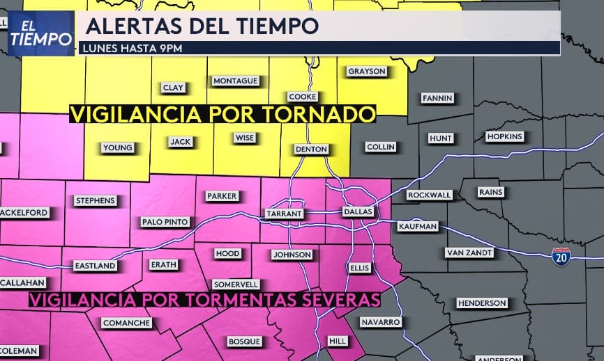<b>Vigilancia Por Tormentas Severas:</b> Incluye Dallas y Fort Worth, además de varios condados adicionales en el norte de Texas. Es importante 
<b>estar atentos a las condiciones del tiempo en las próximas horas</b>.