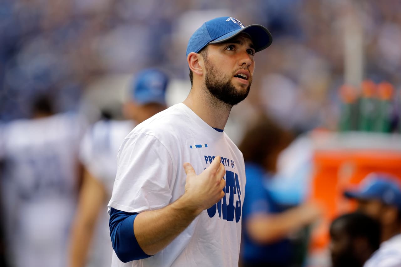 Indianapolis Colts quarterback Andrew Luck looks at the scoreboard during the second half of an NFL preseason football game against the Detroit Lions Sunday, Aug. 13, 2017, in Indianapolis. (AP Photo/Darron Cummings)