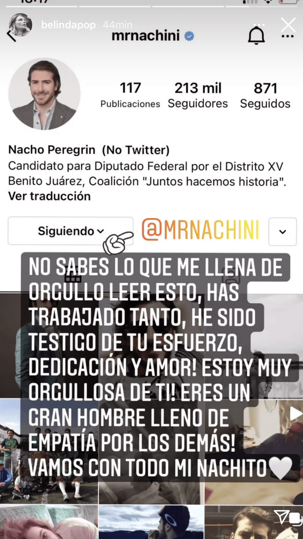 En el mensaje, en el que utilizó una captura de pantalla con el perfil de Instagram de 'Nachito', como ella lo llama, la cantante reconoció el "esfuerzo" que, dijo, ha hecho el joven: "¡Eres un gran hombre lleno de empatía por los demás".