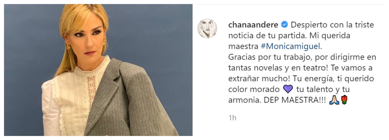 "
<b><a href="https://www.instagram.com/p/CDyxoycBl0t/?igshid=84vleoo7swm2" target="_blank">Despierto con la triste noticia de tu partida</a></b>. Mi querida maestra Mónica Miguel ¡Gracias por tu trabajo, por dirigirme en tantas novelas y en teatro! ¡Te vamos a extrañar mucho! Tu energía, tu querido color morado, tu talento y tu armonía. ¡Descansa en paz, maestra!", escribió Chantal Andere.