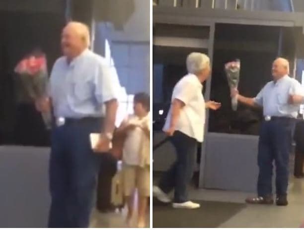 Hombre mayor espera su esposa con flores