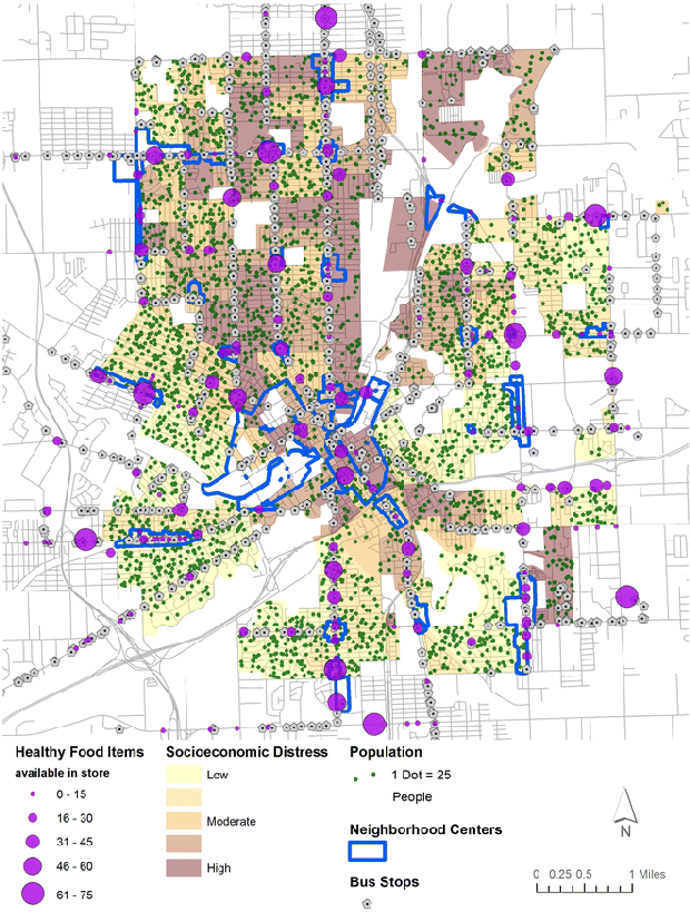 Muestra relaciones entre los productos saludables, el malestar socioeconómico, la población, las paradas de ómnibus y los lugares céntricos en la comunidad.