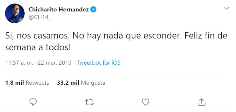 'Chicharito' confirmó el enlace con este mensaje de Twitter, en el que también aclaró que "no había nada que esconder".
