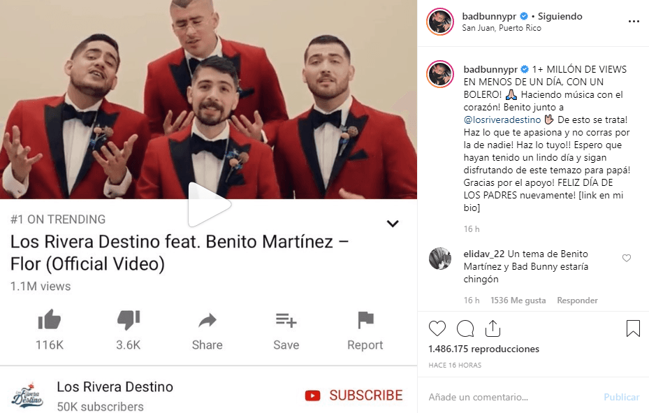 Benito Martínez, verdadero nombre del cantante, se unió a Los Rivera Destino para presentar la canción 'Flor' que en menos de un día de haberse estrenado en Youtube, ya tenía un millón de vistas en dicha plataforma, según anunció Bad Bunny en sus redes.