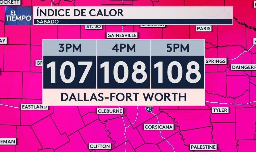 índice de calor para el sábado 11 de junio en Dallas - Fort Worth.