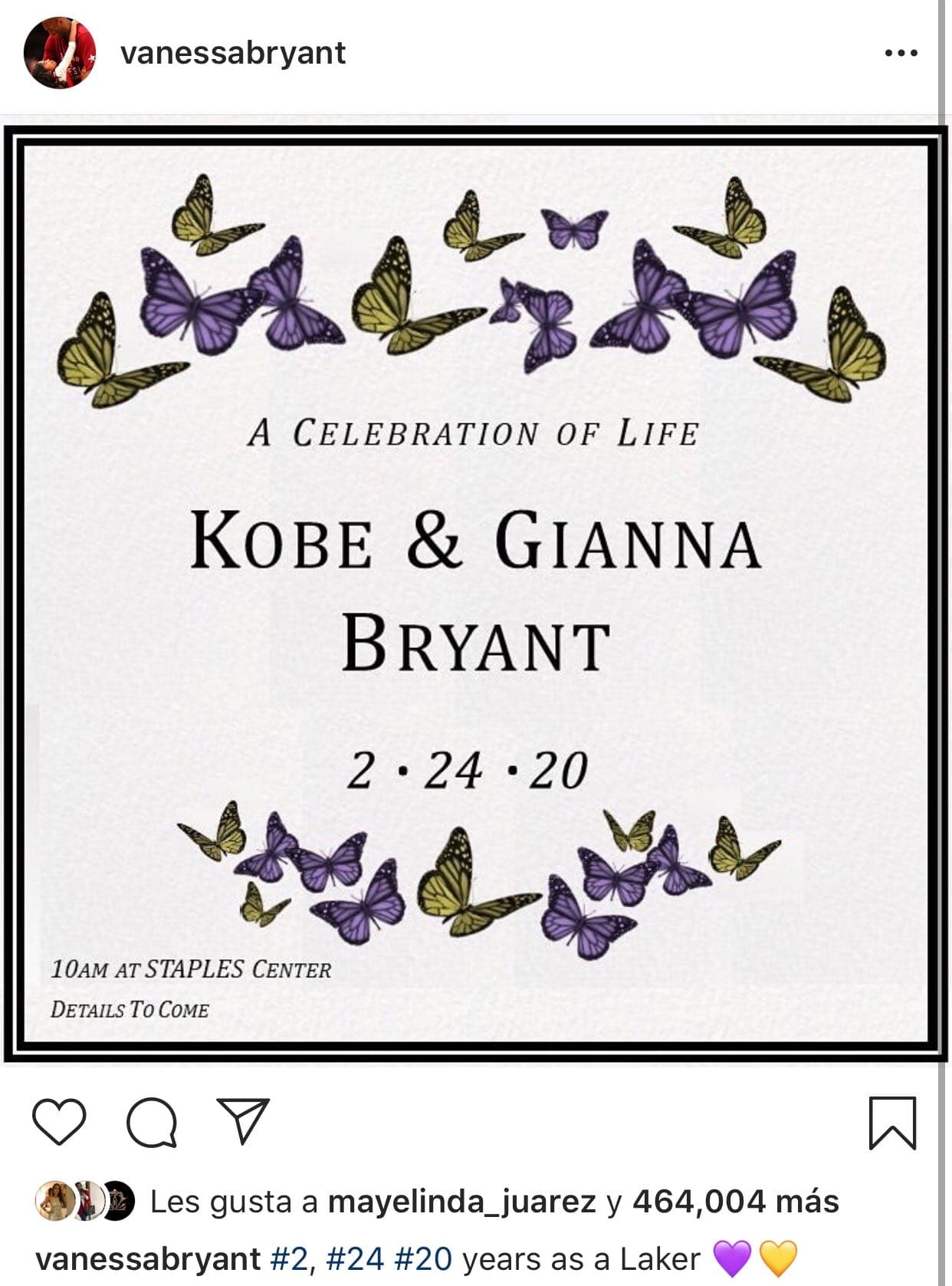 Este viernes 7 de febrero, 
<b><a href="https://www.univision.com/local/los-angeles-kmex/vanessa-bryant-confirma-memorial-de-kobe-bryant-en-el-staples-center">Vanessa</a></b> compartió en su cuenta de Instagram esta imagen para confirmar que el evento en honor a su esposo e hija será el próximo 24 de febrero en el Staples Center.
<br>