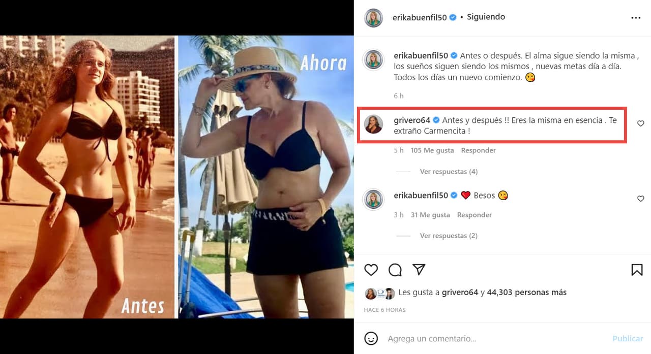 Erika Buenfil en bikini, antes y después.