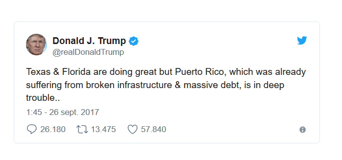 <b>Las críticas de Trump a Puerto Rico </b>
<br>Con la isla caribeña en plena crisis tras el huracán María, los tuits de Trump sobre Puerto Rico también 
<b>desataron una oleada de críticas</b> y convirtieron a la alcaldesa de San Juan en un ícono contra el gobierno federal. En sus tuits, el presidente lamentó lo endeudada que está la isla y acusó 
<a href="http://www.univision.com/noticias/huracan-maria/quien-es-carmen-yulin-cruz-la-cara-del-enfado-puertorriqueno-tras-el-huracan">a la alcaldesa Carmen Yulín Cruz</a> de ser "asquerosa" con él.