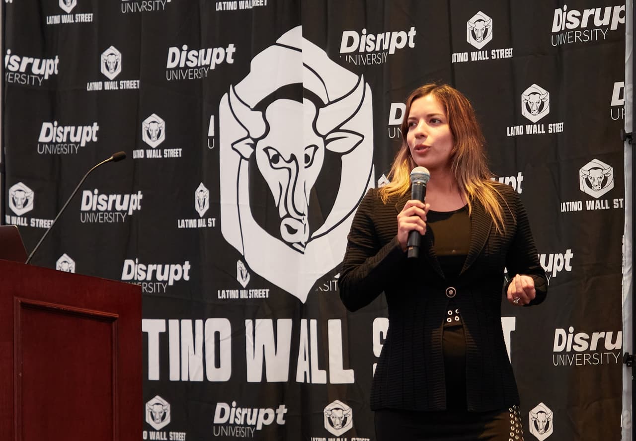 Gabriela Berrospi, founder of Latino Wall Street giving a course on stock market investing and cryptocurrency, from basics to advanced, in New York, June 2021.