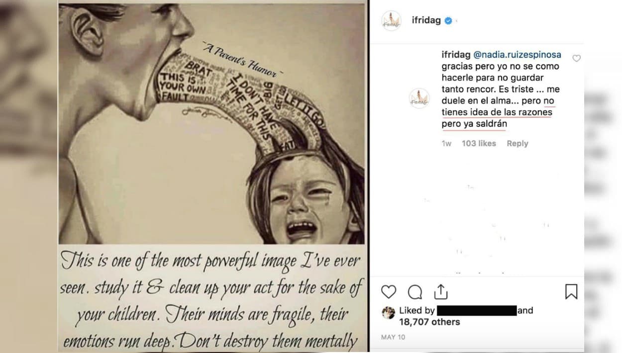 En su mensaje del 10 de mayo, Frida Sofía aseguró que todavía faltaban por salir a la luz las razones que provocaron esta ruptura tan grande con su mamá. Si ya denunció que no la atendió de pequeña y que la trata como basura, 
<b>¿qué es eso tan grave que calla?</b> Solo ella y su madre lo saben.