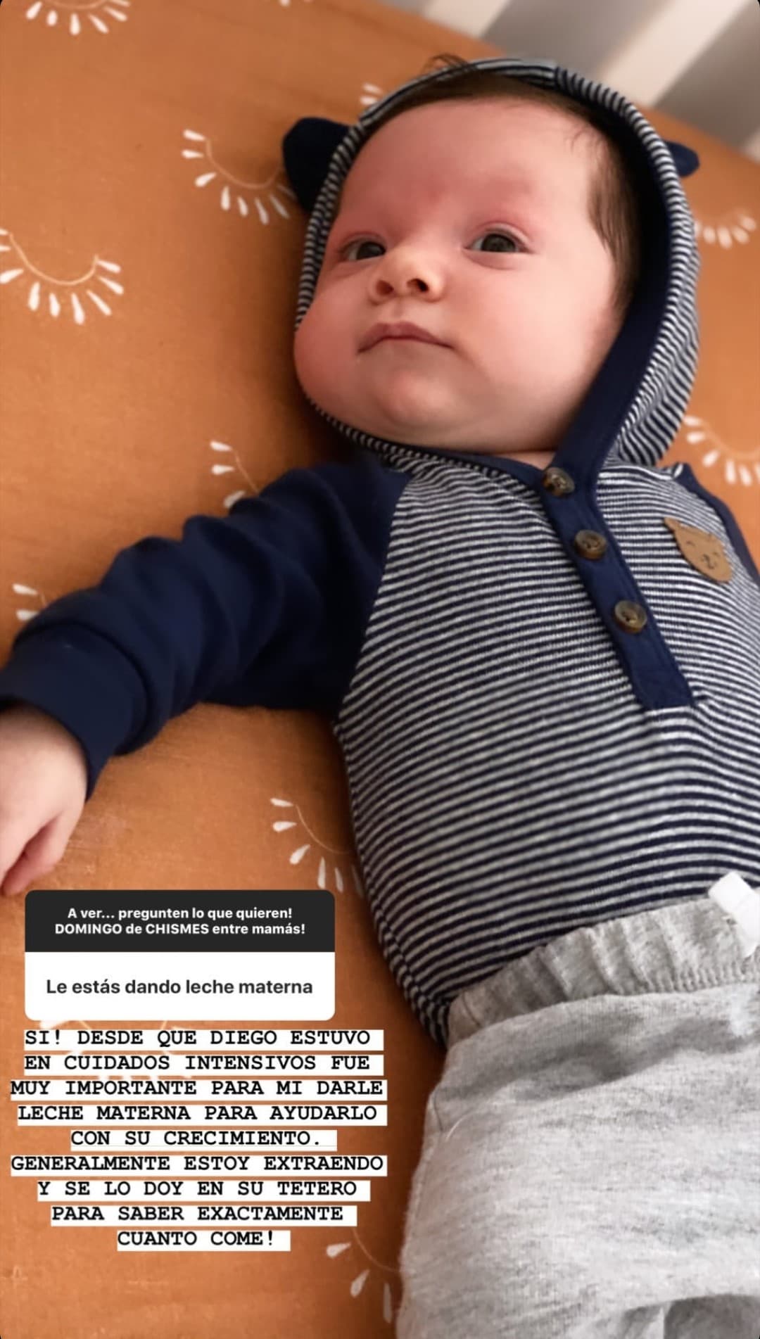 Entre los cuidados que ha tenido con Diego en sus primeros 3 meses y medio de nacido, señaló que lo alimenta con leche materna.