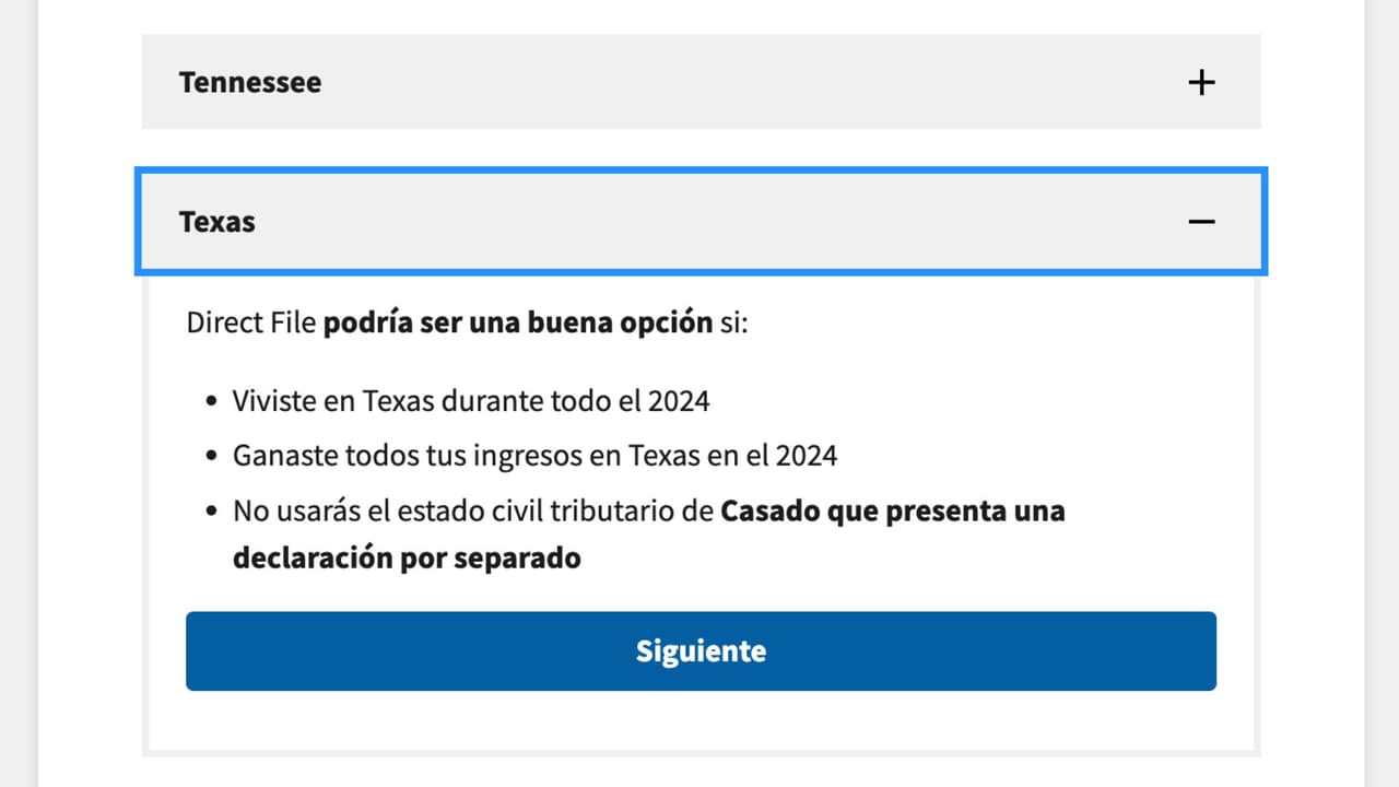 Selecciona el estado correspondiente. Direct File te estará recordando que debiste haber vivido ahí y tus ingresos deben haber sido obtenidos de este lugar.