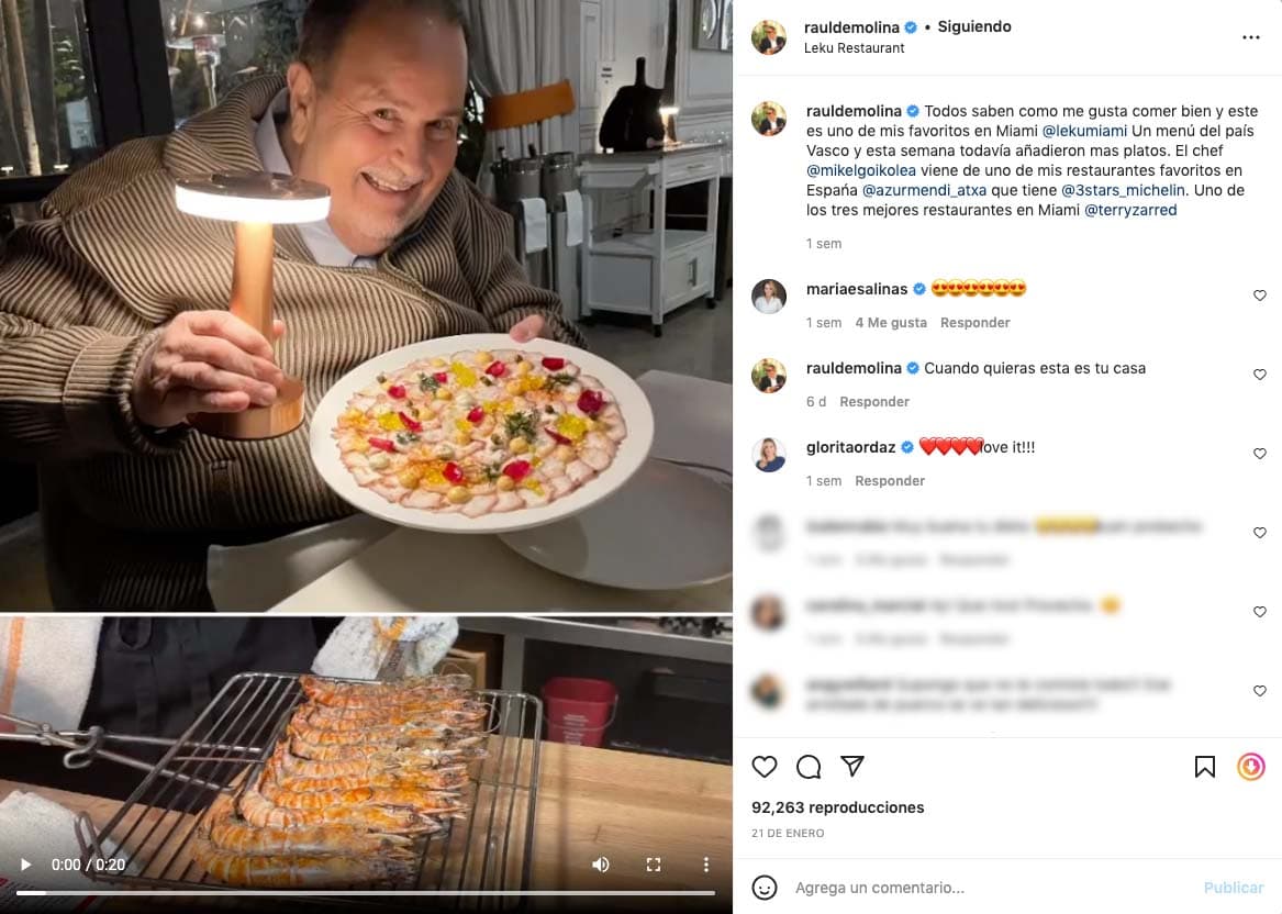 Y es que la comida española le encanta porque, así esté en la ciudad de Miami, trata de buscar lugares que le recuerden el país vasco tal y como sucedió hace pocos días al visitar
<b>Leku Restaurant.</b>