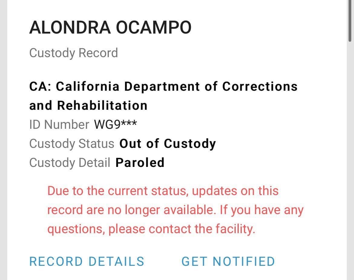 Registro de la liberación de Alondra Ocampo.