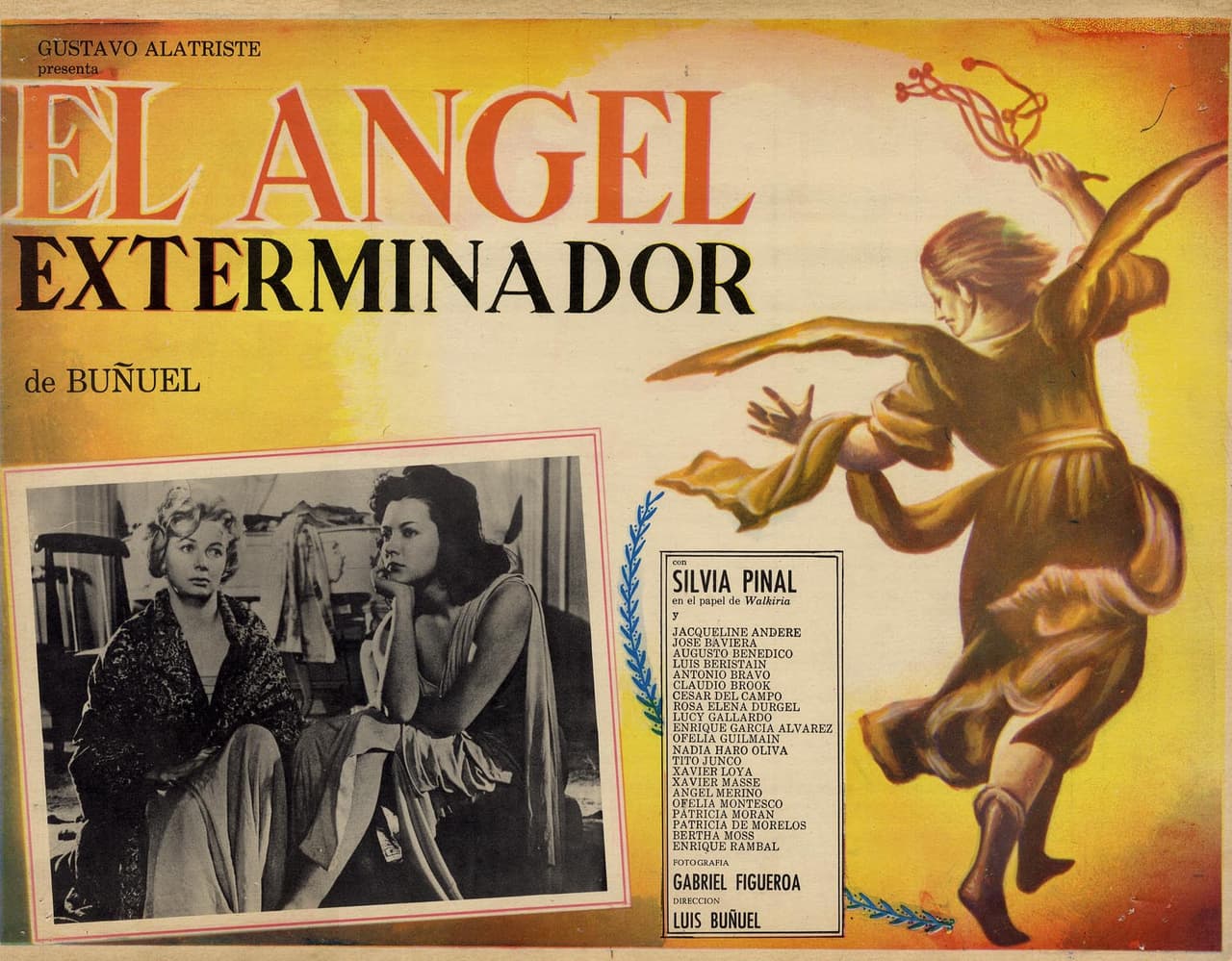 <b>El ángel exterminador</b>
<br>(1962), México
<br>
<b>Director:</b> Luis Buñuel
<br>
<b>Guión: </b>Luis Buñuel
<br>
<b>Reparto: </b>
<a href="http://www.imdb.com/name/nm0683831?ref_=tt_ov_st_sm">Silvia Pinal</a>, 
<a href="http://www.imdb.com/name/nm0025954?ref_=tt_ov_st_sm">Jacqueline Andere</a>, 
<a href="http://www.imdb.com/name/nm0708048?ref_=tt_ov_st_sm">Enrique Rambal</a> 
<br>Luis Buñuel explicó así el argumento de la película en sus memorias: “(…) un grupo de personas que, una noche, al término de una función teatral, va a cenar a casa de una de ellas. Después de la cena, pasan al salón y, por una razón inexplicada, no pueden salir de él”. Los acaudalados invitados se ven encerrados en la habitación y deben convivir juntos, hasta que las tensiones y la cara oculta de las personas comienza a mostrarse. El significado lo explicó el propio Buñuel: “Si el film que van a ver les parece enigmático e incoherente, también la vida lo es. Es repetitivo como la vida y, como la vida, sujeto a múltiples interpretaciones".
<br>