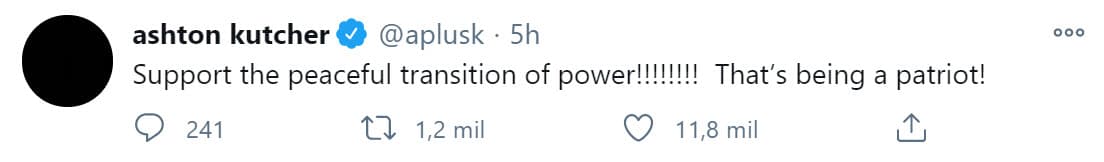 "¡Apoyo la transición pacífica del poder! ¡Eso es ser un patriota!", escribió en Twitter.