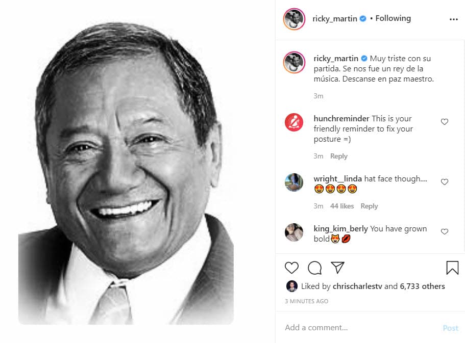 Ante su fallecimiento, los famosos lo despidieron con emotivos mensajes. El cantante puertorriqueño Ricky Martin expresó la tristeza que lo embarga por la partida de Manzanero a través de Instagram: "Muy triste con su partida. Se nos fue un rey de la música. Descanse en paz maestro".