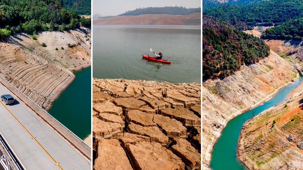 Las reservas de agua siguen estando en niveles históricamente bajos, mientras que las bajas lluvias que tuvo California durante el invierno, preocupan a las autoridades. Estas fotos del lago Oroville fueron tomadas en agosto del 2021.