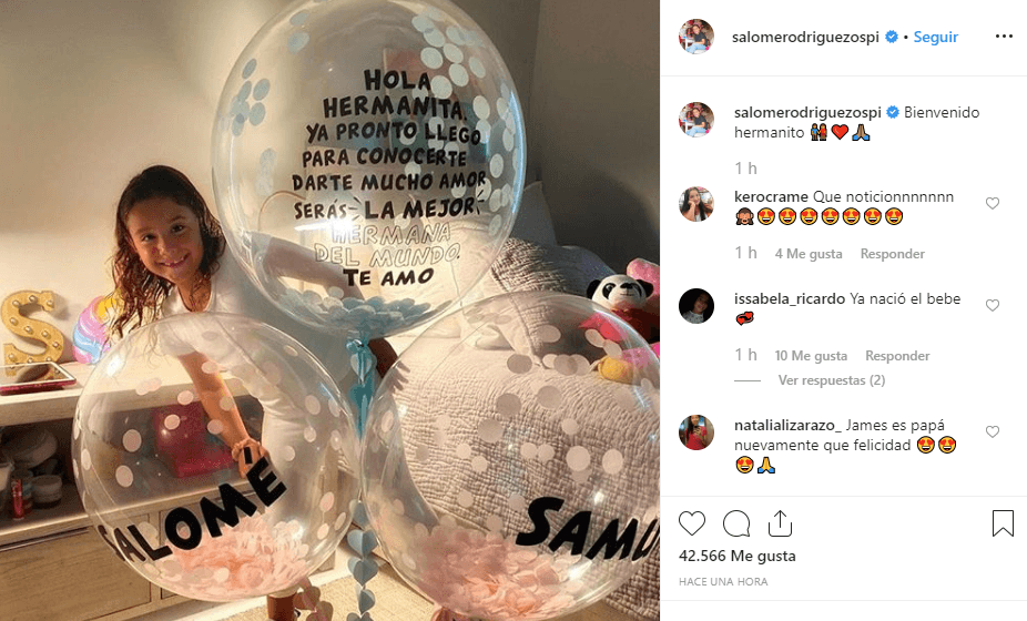 Salomé, la hija que tuvo el futbolista colombiano con Daniela Ospina, le dio la bienvenida a su hermanito a través de una publicación que realizó en Instagram.