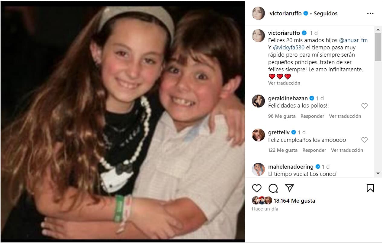 Victoria Ruffo felicitó a sus hijos Anuar y Victoria por su cumpleaños 20.