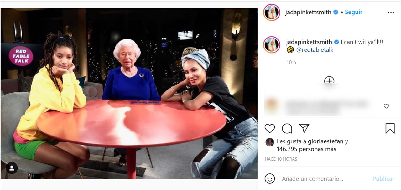 La famosa presentadora del show 'Red Table Talk' y esposa de Will Smith, Jada Pinkett Smith, también bromeó con este fotomontaje en el que dijo que 
<b><a href="https://www.instagram.com/p/CMJIF49j9dp/?utm_source=ig_embed" target="_blank">"no puede esperar"</a></b>, en alusión a la reacción que podría venir por parte de la reina Isabel ante los dichos de Meghan Markle y de su pelirrojo nieto.