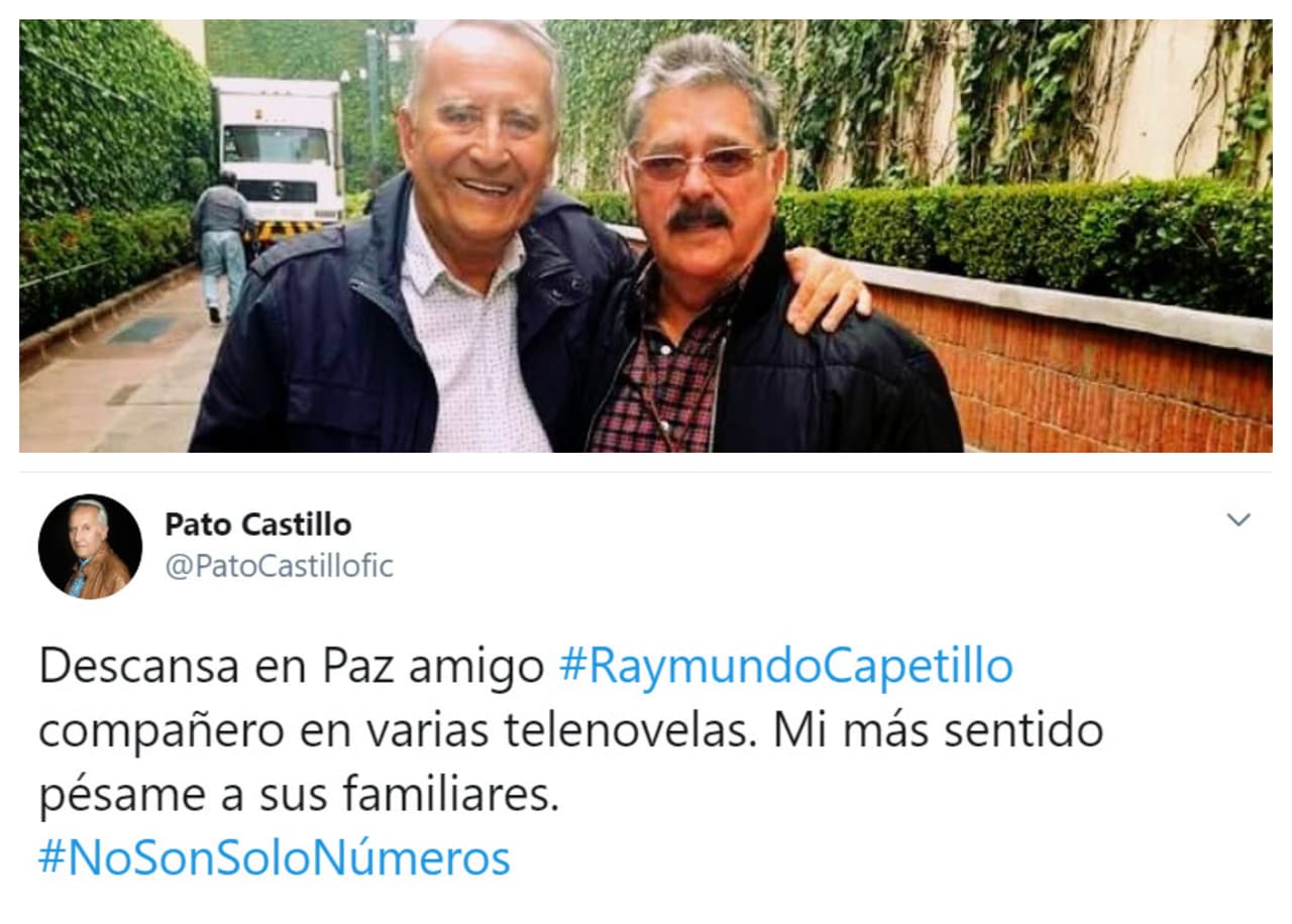 Otro primer actor,
<b><a href="https://www.univision.com/shows/yago/la-maquiavelica-mente-de-patricio-castillo-fotos#7d4f692d0000" target="_blank">Patricio Castillo</a></b>, también despidió a su amigo: "Descansa en paz amigo Raymundo Capetillo
<b><a href="https://twitter.com/PatoCastillofic/status/1282556242804654080" target="_blank">compañero en varias telenovelas</a></b>. Mi más sentido pésame a sus familiares".