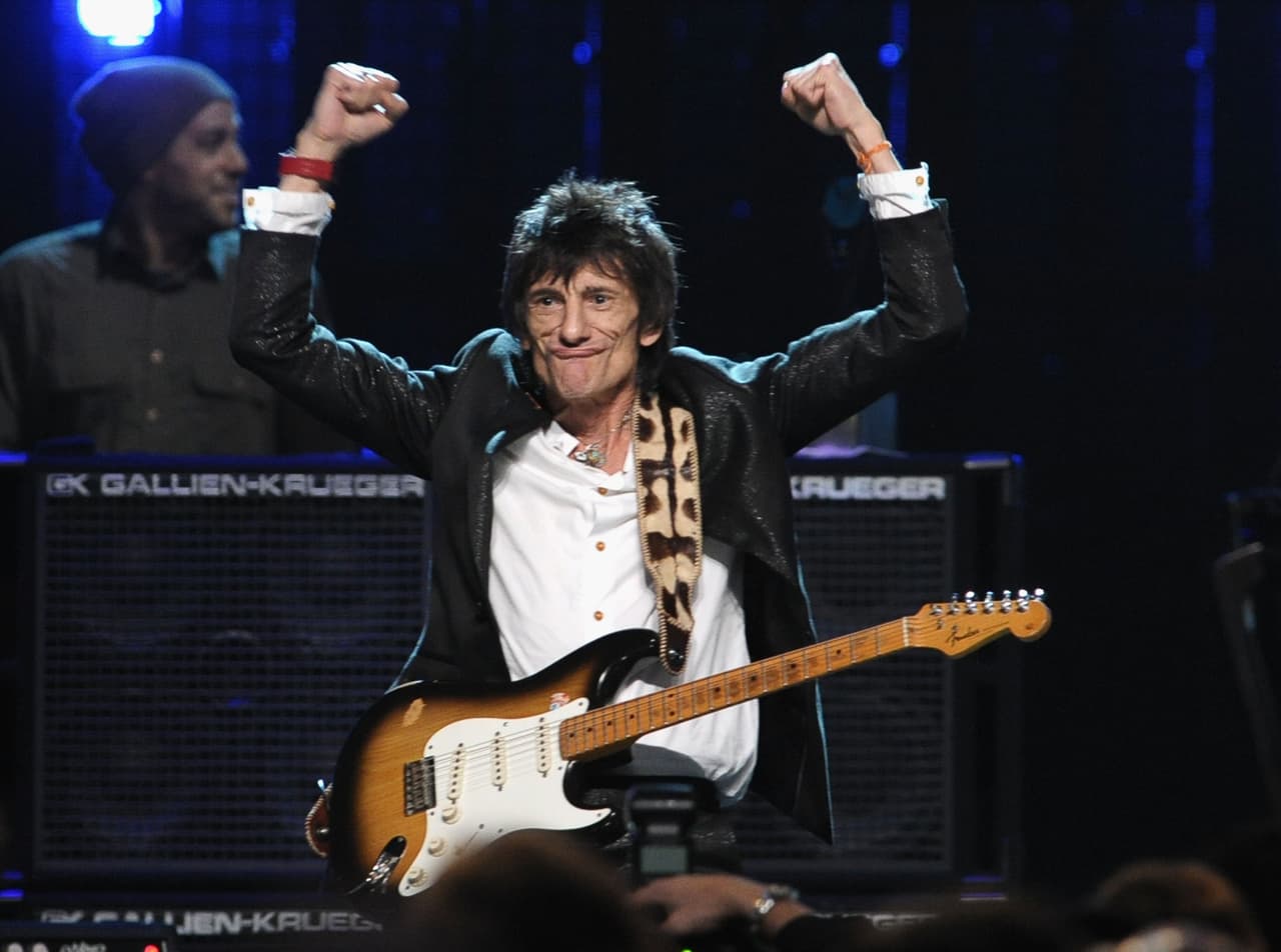 CLEVELAND, OH - APRIL 14: Inductee Ron Wood of Faces performs on stage during the 27th Annual Rock And Roll Hall Of Fame Induction Ceremony at Public Hall on April 14, 2012 in Cleveland, Ohio. (Photo by Michael Loccisano/Getty Images)