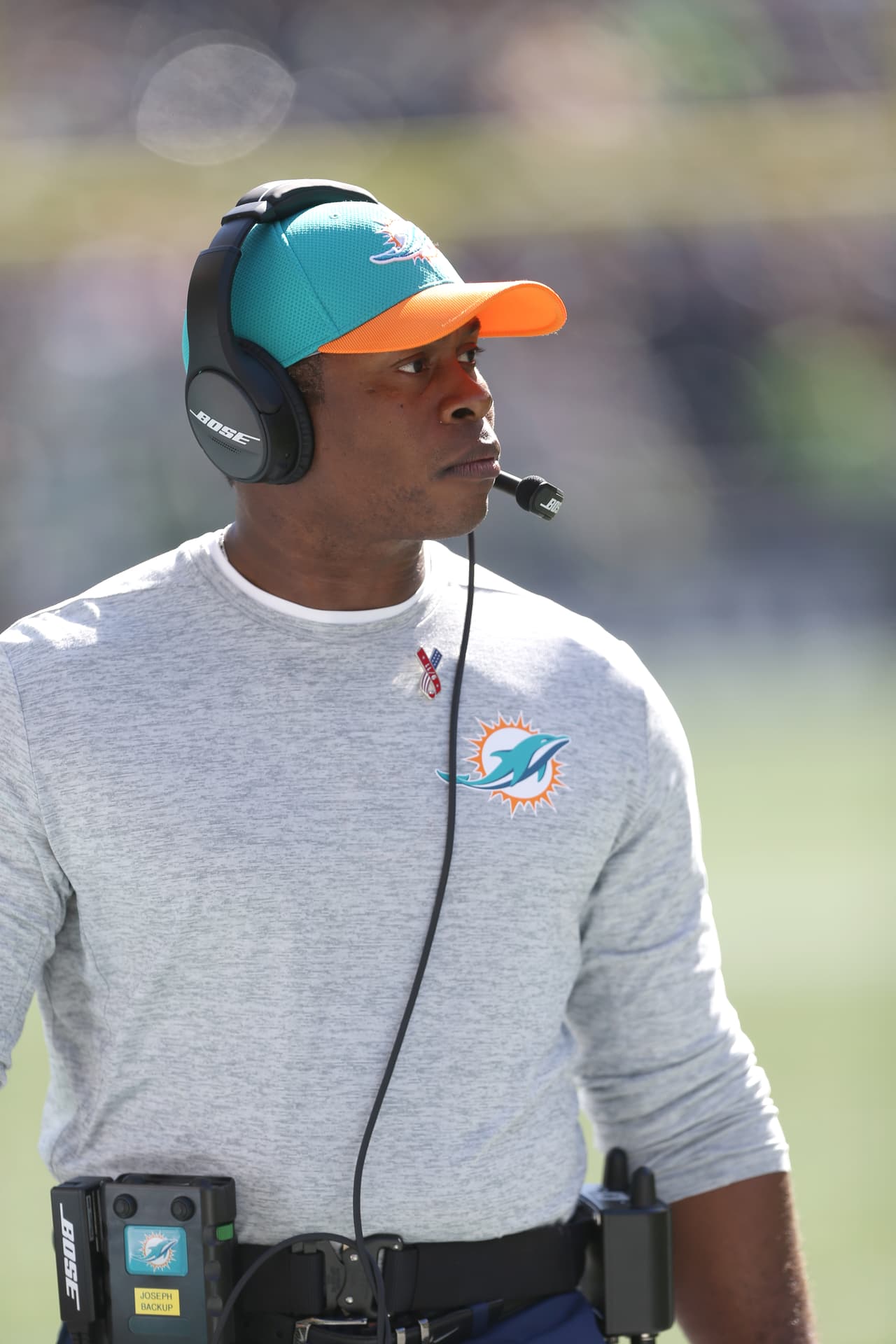 Miami Dolphins defensive coordinator Vance Joseph looks up from the sideline during a NFL football game against the Seattle Seahawks, Sunday, September 11, 2016 in Seattle. The Seahawks won the game 12-10. (Paul Jasienski via AP)