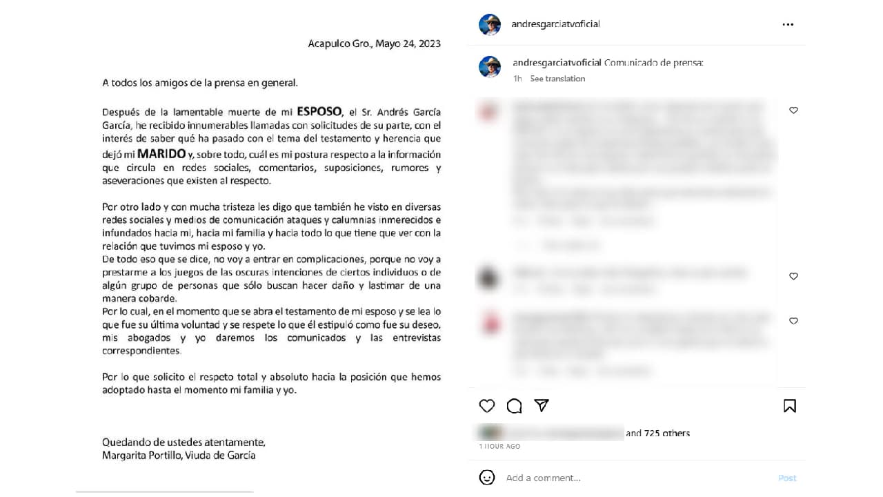 Comunicado de Margarita Portillo, viuda de Andrés García.