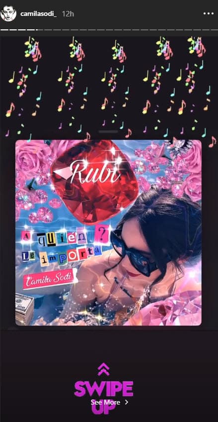 Camila Sodi también lanzó el 
<b><a href="https://www.univision.com/famosos/pina-pepino-zanahorias-o-una-dona-camila-sodi-la-tuvo-facil-horas-antes-del-final-de-rubi-video">tema principal de Rubí</a>, 'A quién le importa',</b> que dieron a conocer Alaska y Dinarama en 1986. Dos décadas más tarde, Thalía lo grabó, convirtiéndolo en un éxito para las nuevas generaciones.
<br>