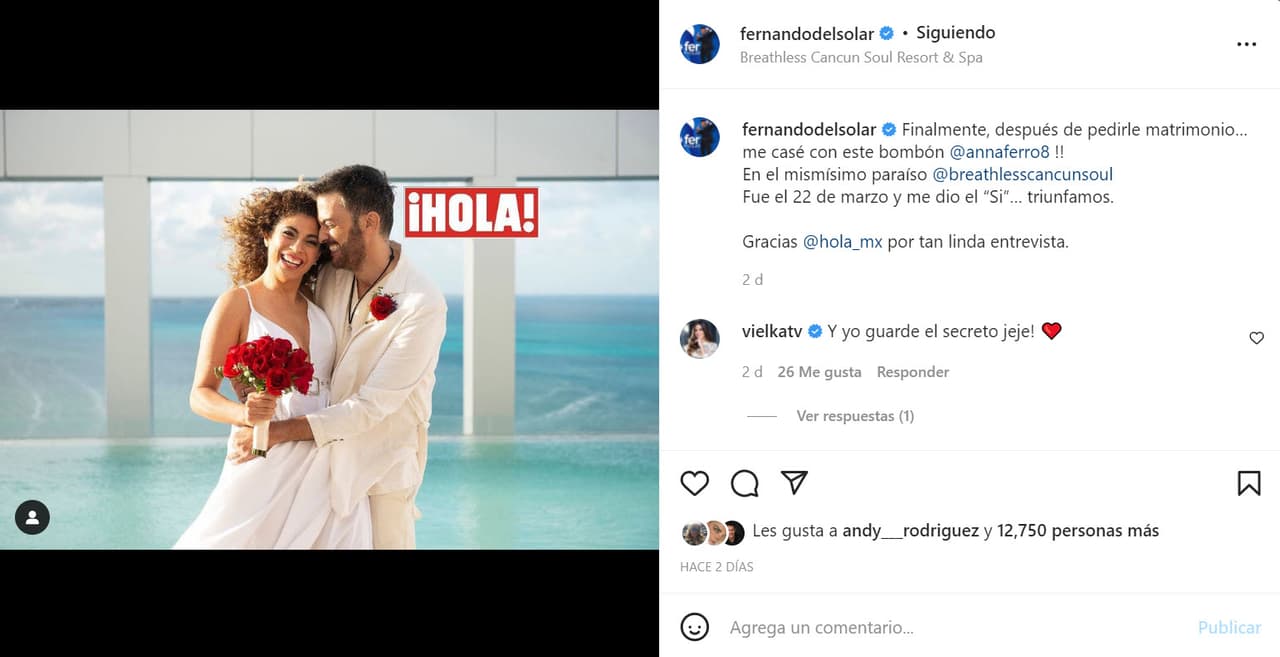 Fernando del Solar anunció su boda con Anna Ferro con esta imagen.